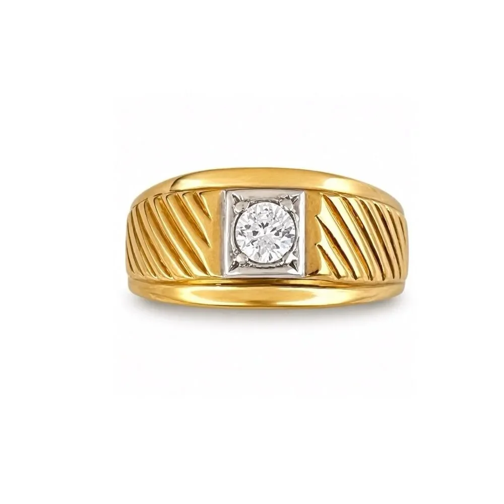Vintage 1970s Ring Size 11 Cubic Zirconia Solitaire Textured Gold Plated - 14O